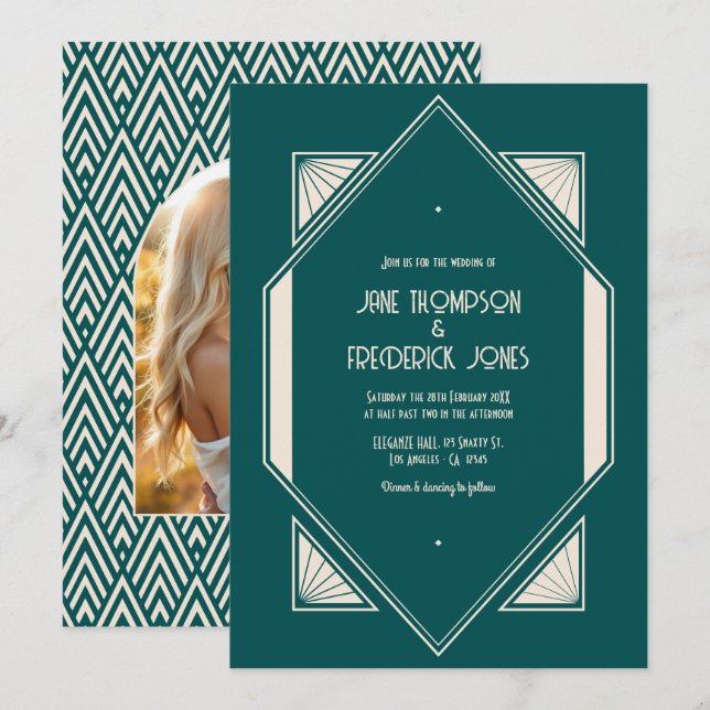 Ocean Teal & Pale Sand Art Deco Wedding Photo Invitation (Front/Back)