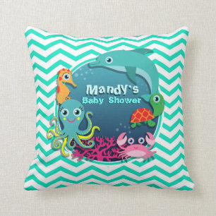 Ocean Theme Baby Shower; Aqua Green Chevron Cushion