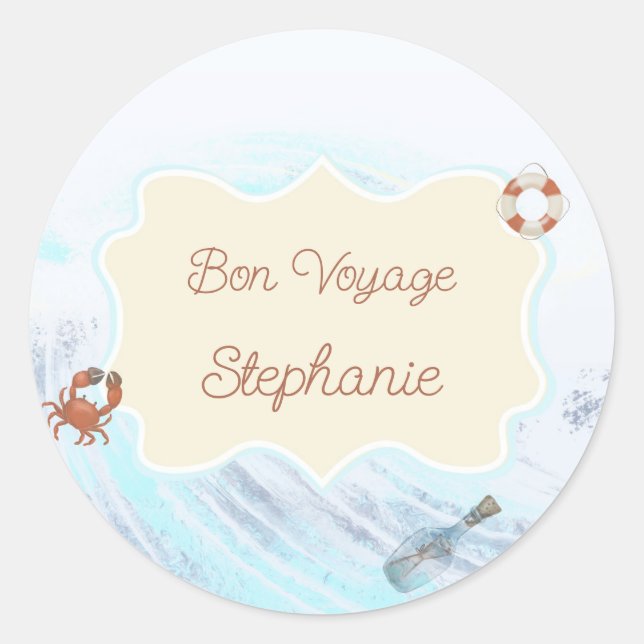 Ocean Theme Bon Voyage Personalised with Name Classic Round Sticker (Front)