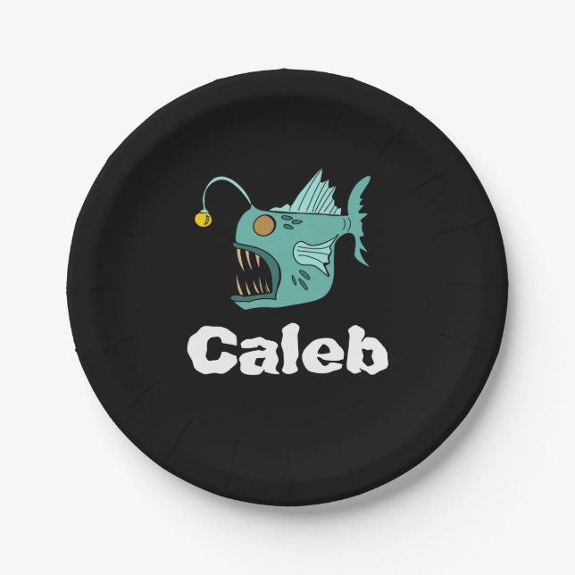 Ocean Theme Boys Birthday Anglerfish Black Paper Plate (Front)