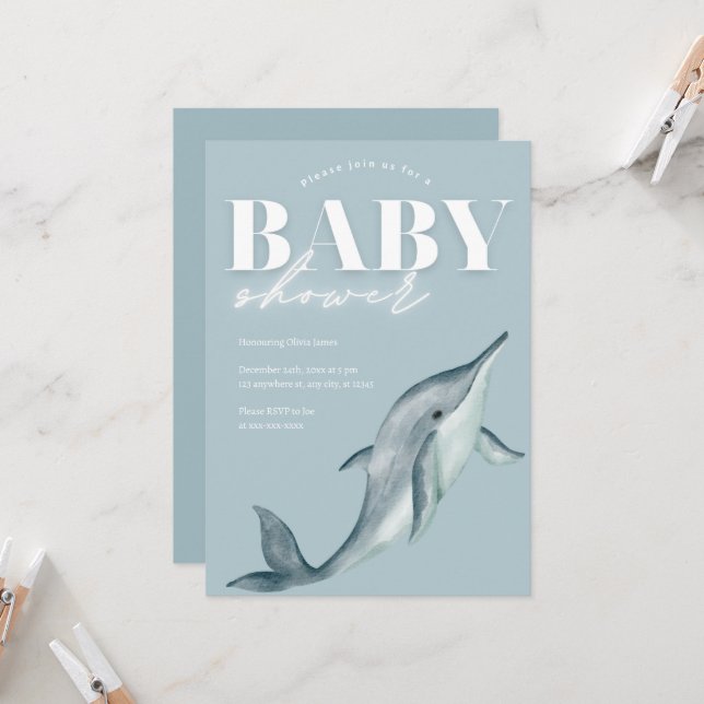 Ocean theme dolphin baby shower invitation (Front/Back In Situ)