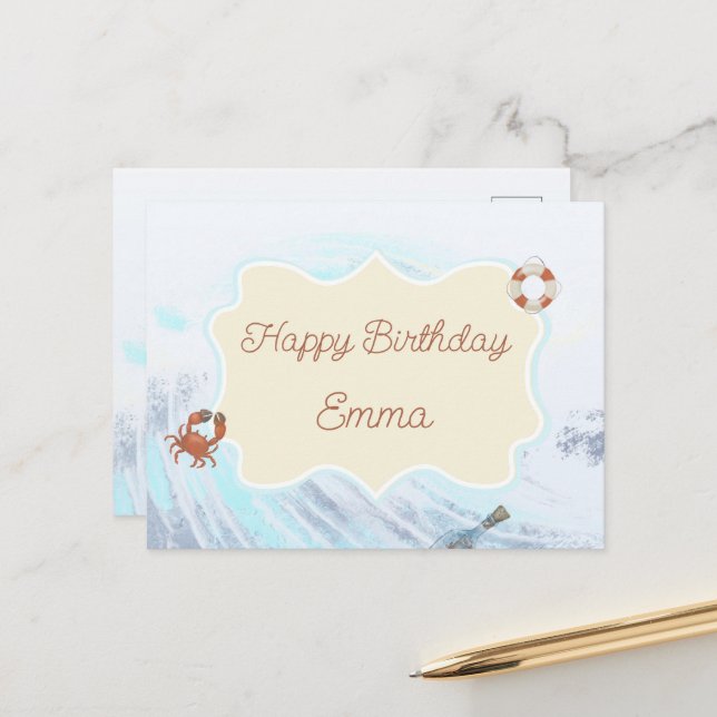 Ocean Theme Happy Birthday Personalised with Name  Postcard (Front/Back In Situ)