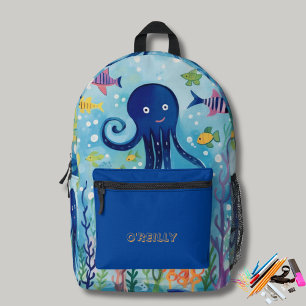 Ocean Theme Octopus Print Modern Monogram Printed Backpack
