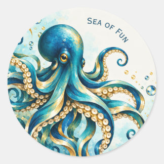 Ocean Theme | Octopus | Sea of Fun | Party Favour Classic Round Sticker