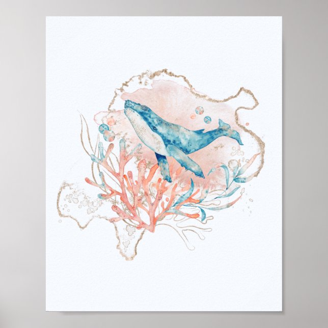 Ocean Theme Pink & Blue Watercolor Whale Sea Poster (Front)