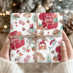 Ocean Treasures Seas & Greetings Coastal Christmas Wrapping Paper Sheet