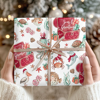 Ocean Treasures Seas & Greetings Coastal Christmas Wrapping Paper Sheet