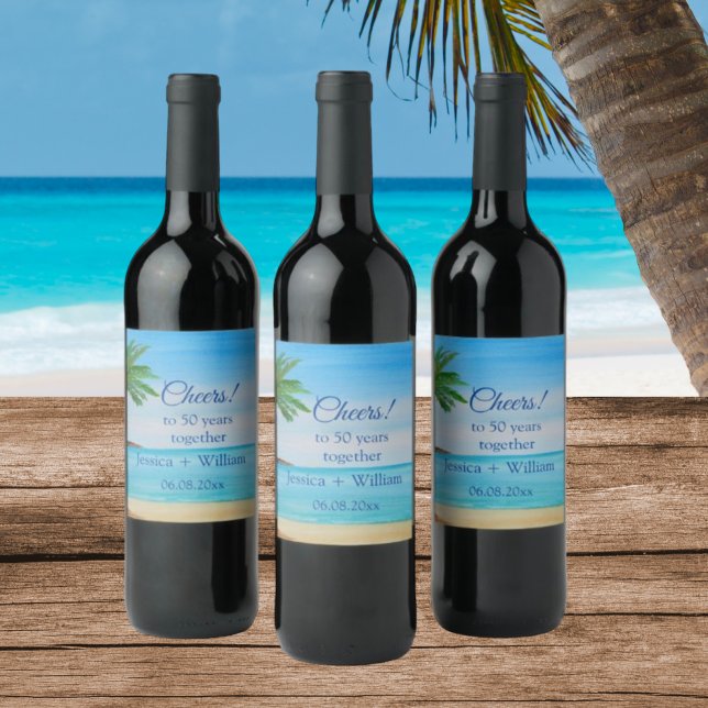 Ocean Tropical Golden 50th Wedding Anniversary  Wine Label (Creator Uploaded)