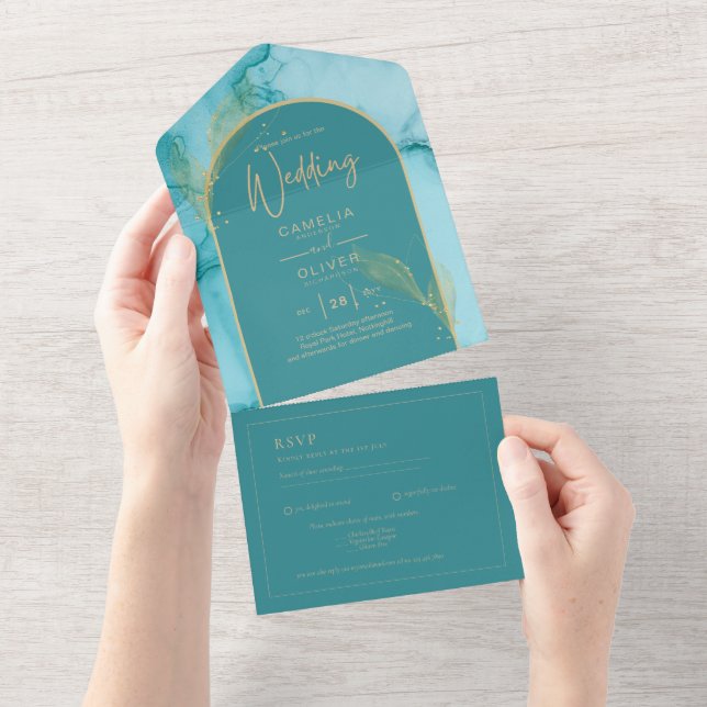 Ocean Turquoise Teal Gold Wedding All In One Invitation (Tearaway)