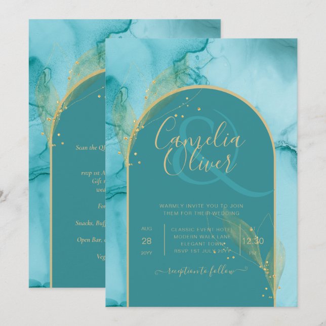 Ocean Turquoise Teal Gold Wedding Invitation (Front/Back)