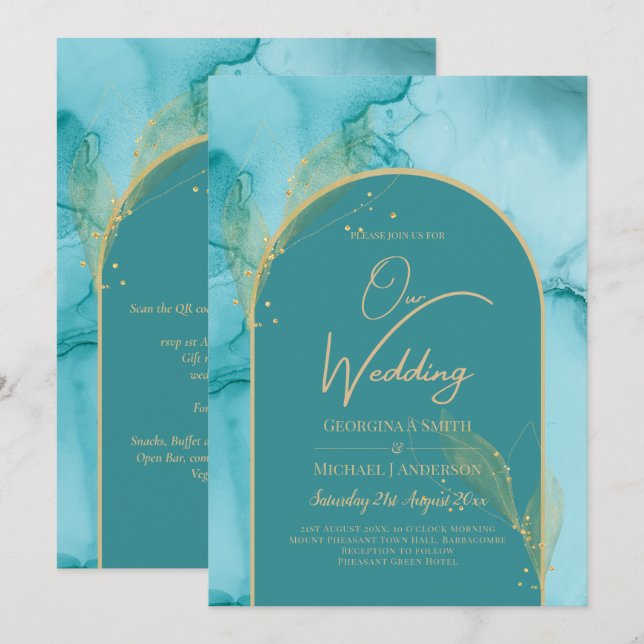 Ocean Turquoise Teal Gold Wedding Invitation (Front/Back)