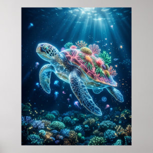 Ocean Turtle Bioluminescent Drift Art Poster