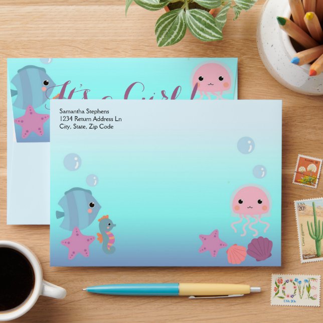 Ocean Under the Sea Animal Its a Girl Baby Shower Envelope (Desk)