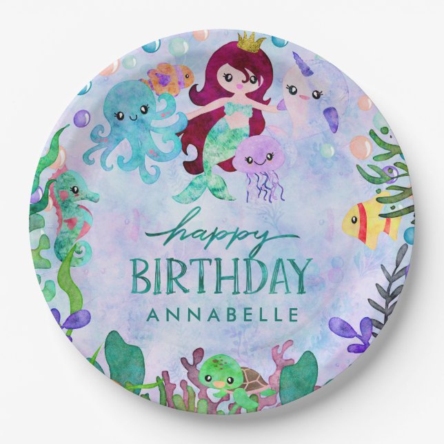 Ocean Under the Sea Mermaid Theme Happy Birthday Paper Plate (Front)