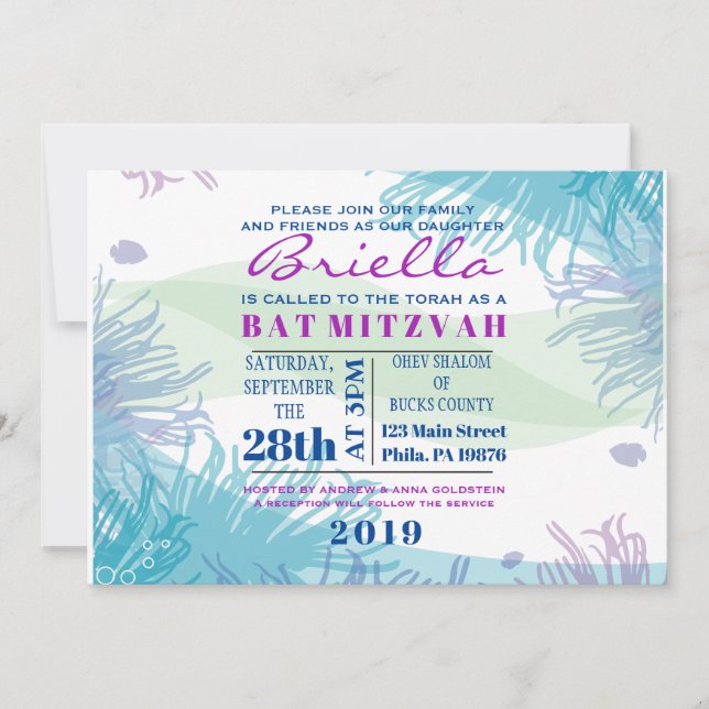 Ocean Underwater Sea Life Bat Mitzvah Invitation (Front)