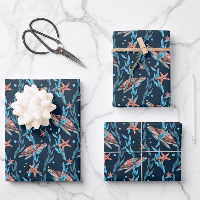 Ocean Underwater Turtles Swimming Sea Weed Wrapping Paper Sheet (Front)