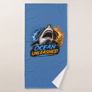 Ocean Unleashed Shark – Bold Blue & Orange Splash Bath Towel