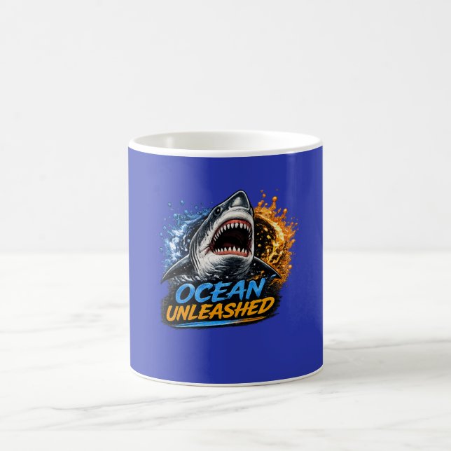 Ocean Unleashed Shark – Bold Blue & Orange Splash  Coffee Mug (Center)