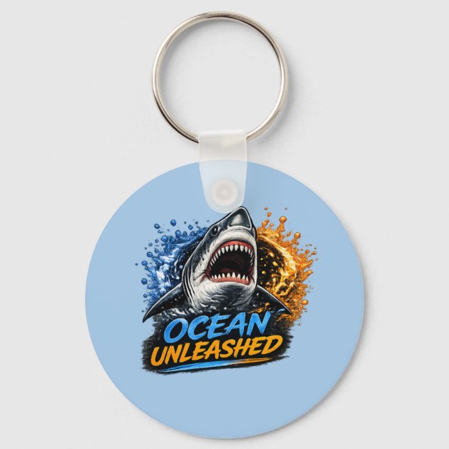 Ocean Unleashed Shark – Bold Blue & Orange Splash  Key Ring (Front)