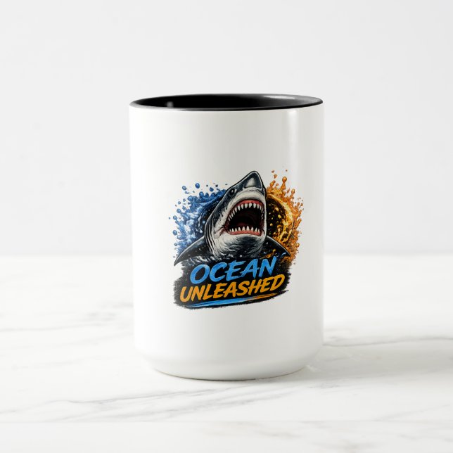 Ocean Unleashed Shark – Bold Blue & Orange Splash  Mug (Center)