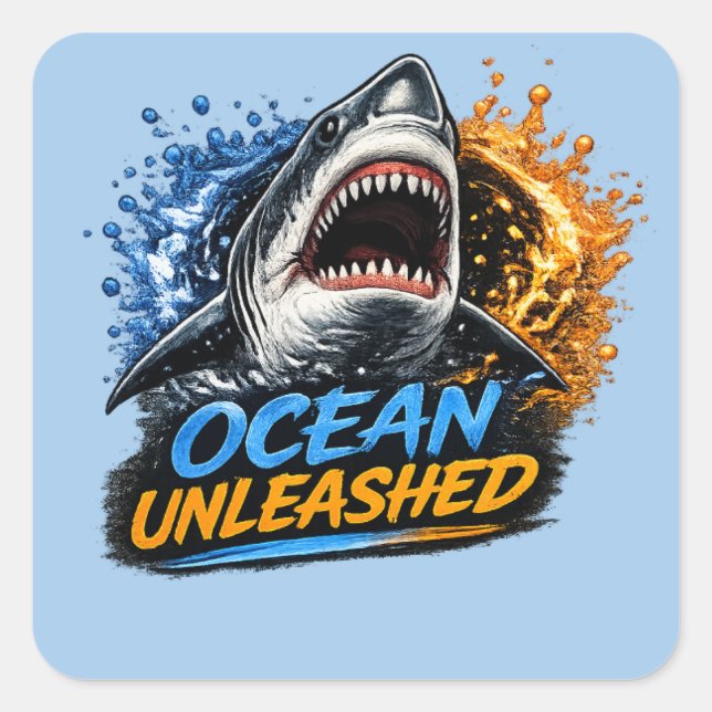 Ocean Unleashed Shark – Bold Blue & Orange Splash  Square Sticker (Front)