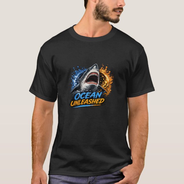 Ocean Unleashed Shark – Bold Blue & Orange Splash  T-Shirt (Front)