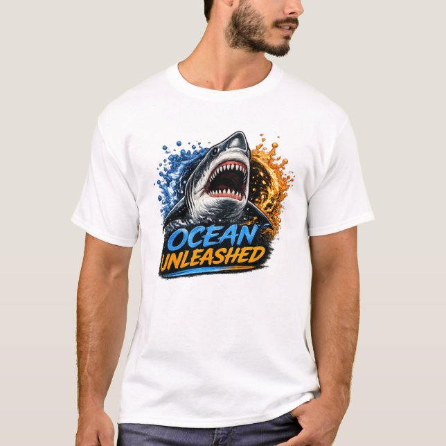 Ocean Unleashed Shark – Bold Blue & Orange Splash  T-Shirt (Front)