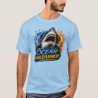Ocean Unleashed Shark – Bold Blue & Orange Splash T-Shirt