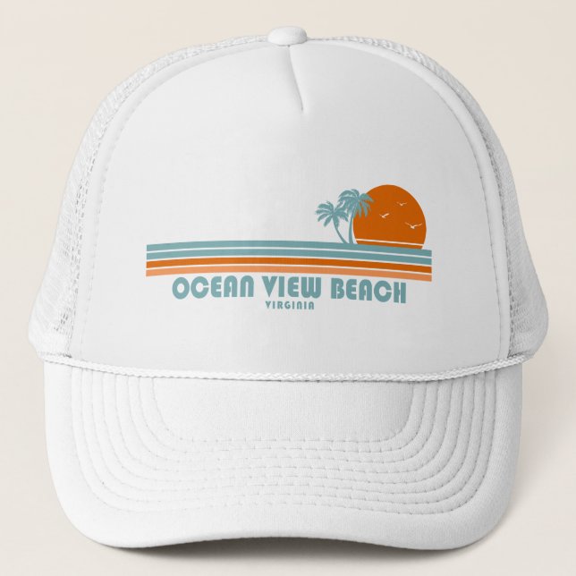 Ocean View Beach Virginia Sun Palm Trees Trucker Hat (Front)