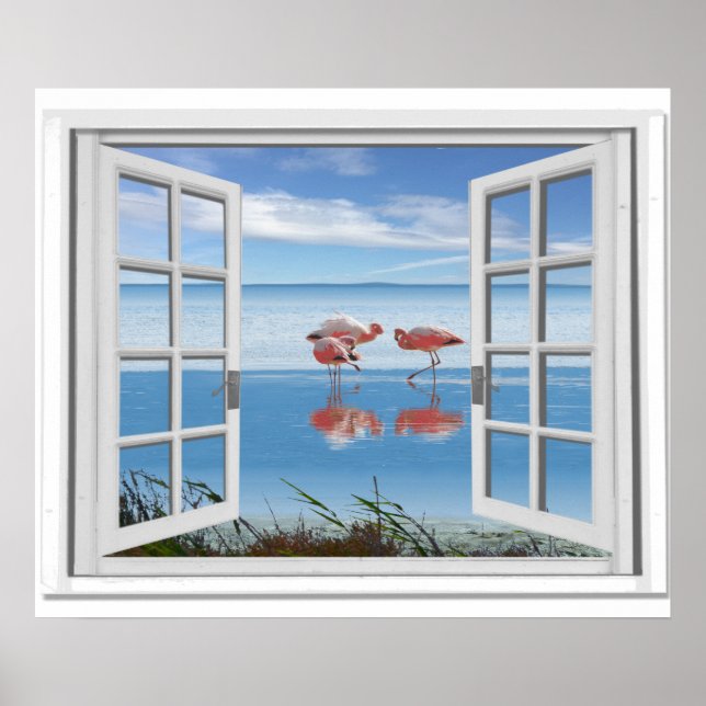 Ocean View Fake Window With Flamingos On Beach Poster (Front)