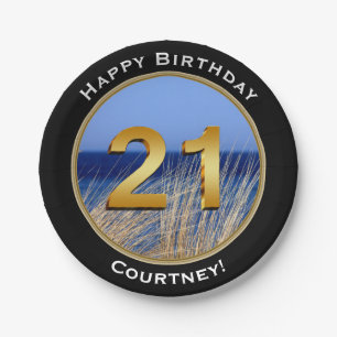 Ocean View Happy 21st Birthday with Name Paper Plate