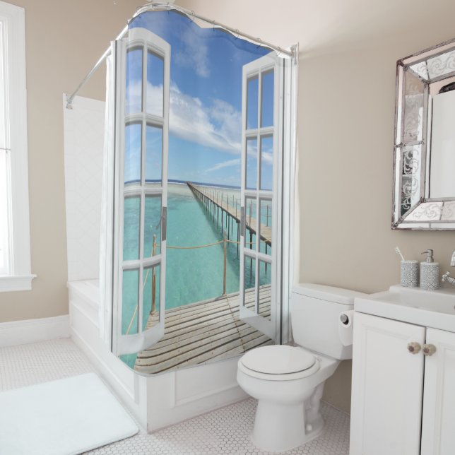 Ocean View Shower Curtain With Clouds (In Situ)