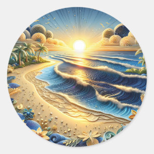 Ocean View Tropical Paper Quilling Effect  Classic Round Sticker