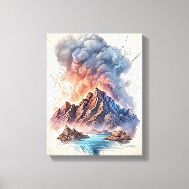 Ocean Volcano Eruption with Lightning Canvas Print (Front)