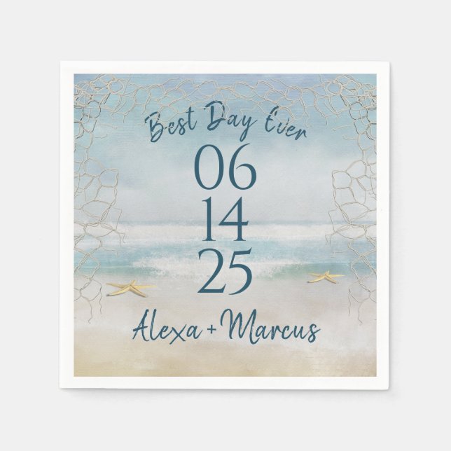 Ocean Watercolor and Starfish Wedding Napkin (Front)
