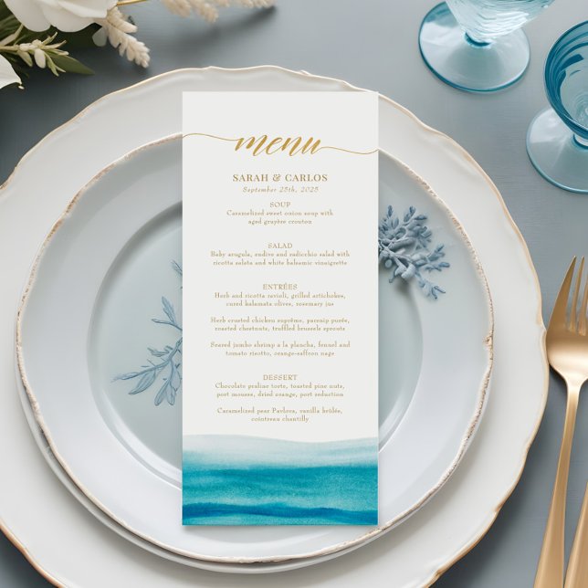 Ocean Watercolor Beach Gold Script Wedding Menu (Creator Uploaded)