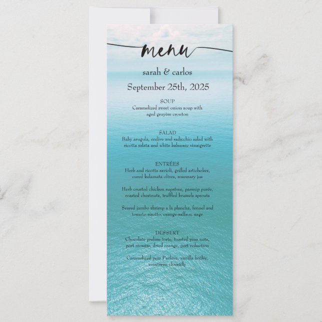 Ocean Watercolor Beach Script Wedding Menu Invitation (Front)