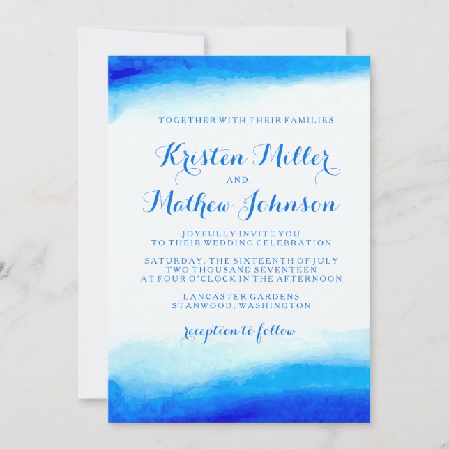 Ocean Watercolor Blue Wedding Invitation (Front)