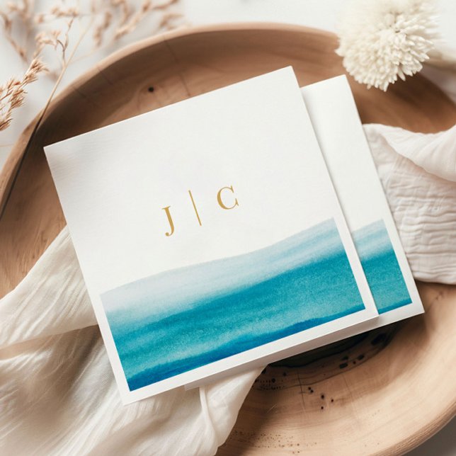 Ocean Watercolor Gold Initials Beach Wedding Napkin (Creator Uploaded)