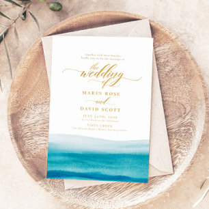 Ocean Watercolor Gold Script Beach Wedding Invitation
