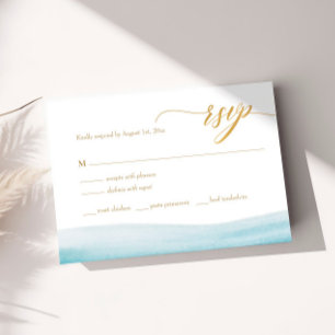 Ocean Watercolor Gold Script Beach Wedding RSVP Card
