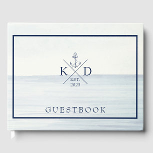 Ocean Watercolor Nautical Anchor Monogram Wedding Guest Book