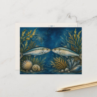 Ocean Watercolour Inspired Post Card -Two Sardines