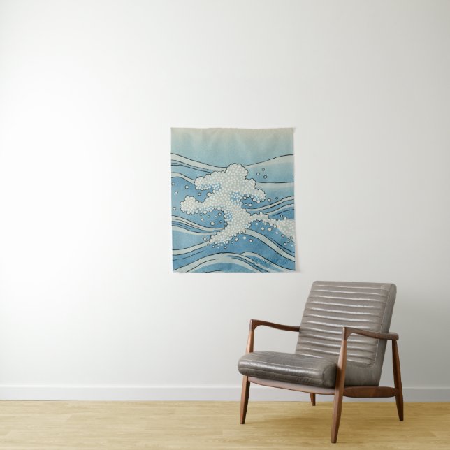 Ocean Wave Art Print – Japanese Woodblock Style Tapestry (In Situ)