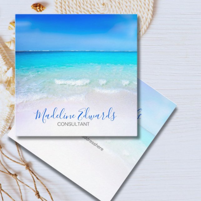 Ocean Wave Beach Blue Scene Modern Monogram Square Business Card (Creator Uploaded)