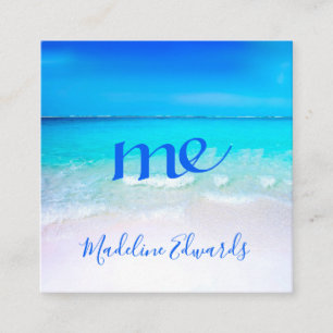 Ocean Wave Beach Scene Blue Modern Monogram Square Business Card