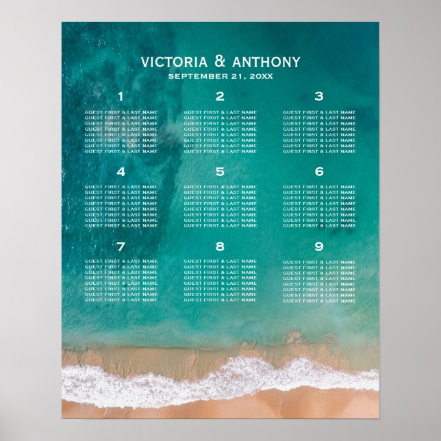 Ocean Wave, Beach Wedding Table Plan Poster (Front)