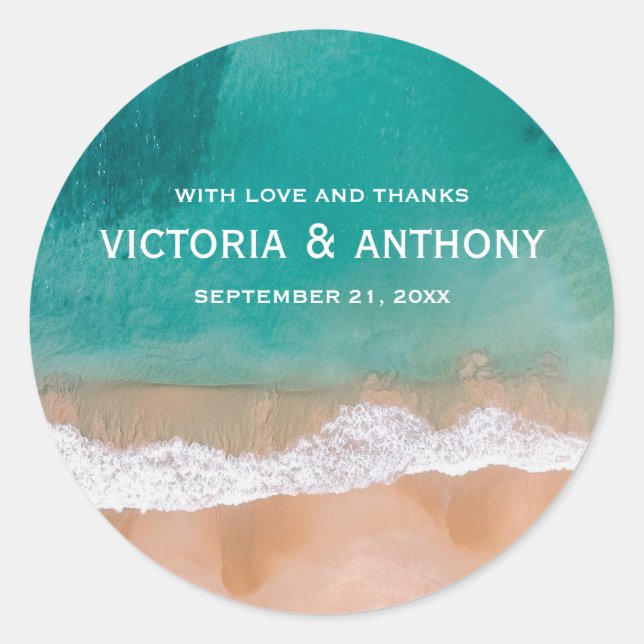 Ocean Wave, Beach Wedding Thank You Classic Round Sticker (Front)