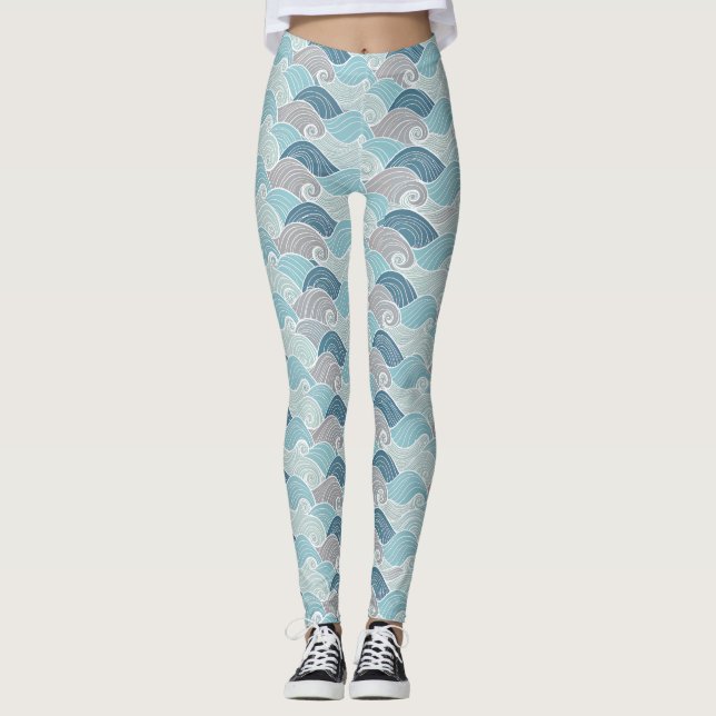 Ocean Wave Blue Grey Leggings (Front)