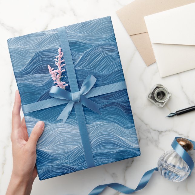 Ocean Wave Deep Blue Mist White Abstract Pattern Wrapping Paper (Gifting)